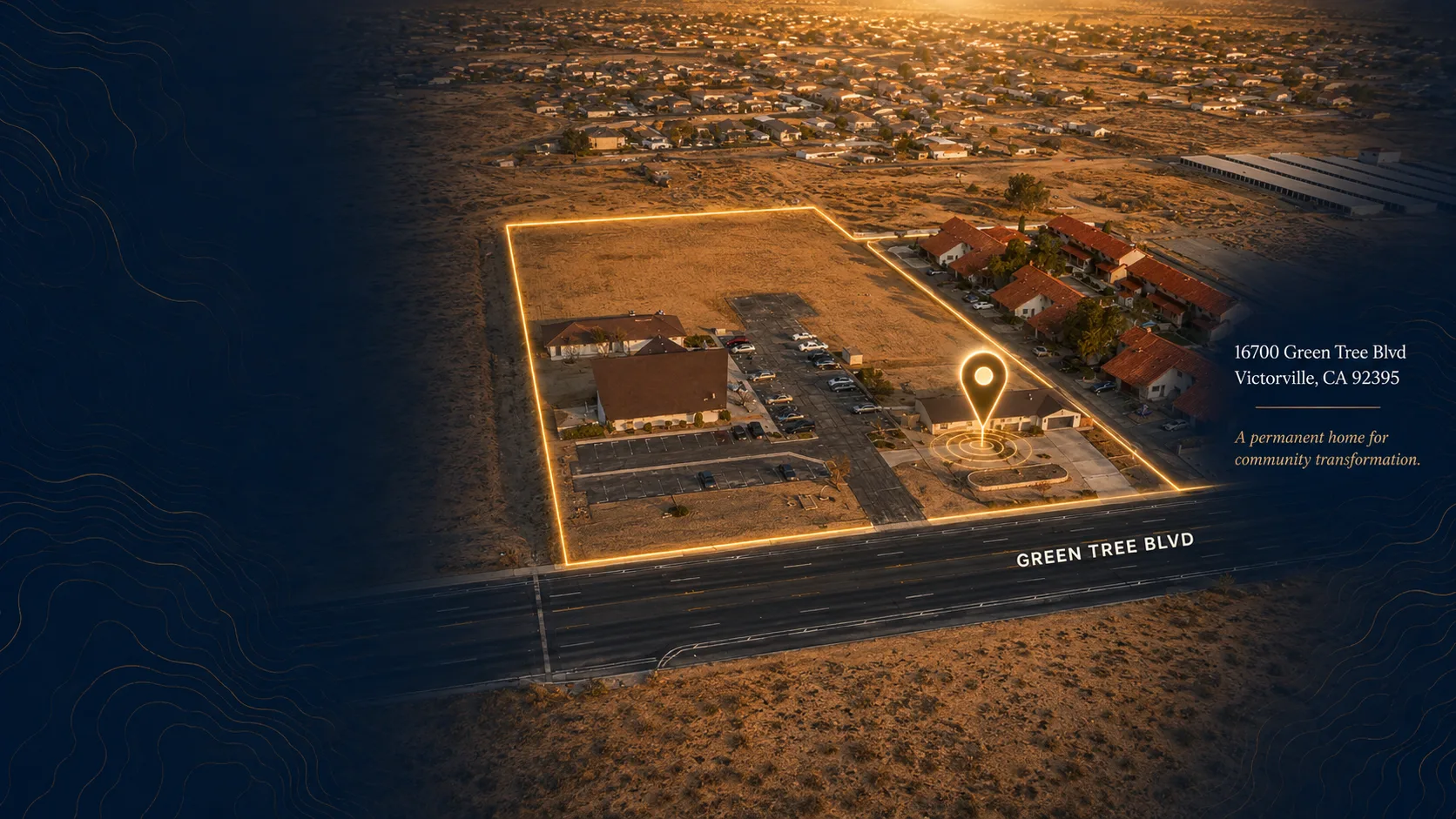 FORGE Foundation campus aerial — 16700 Green Tree Blvd, Victorville, CA